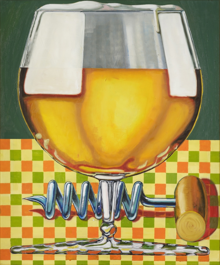 Kristof Santy, Bolglas met kurkentrekker, 2024, Oil on canvas, 100 x 120 cm